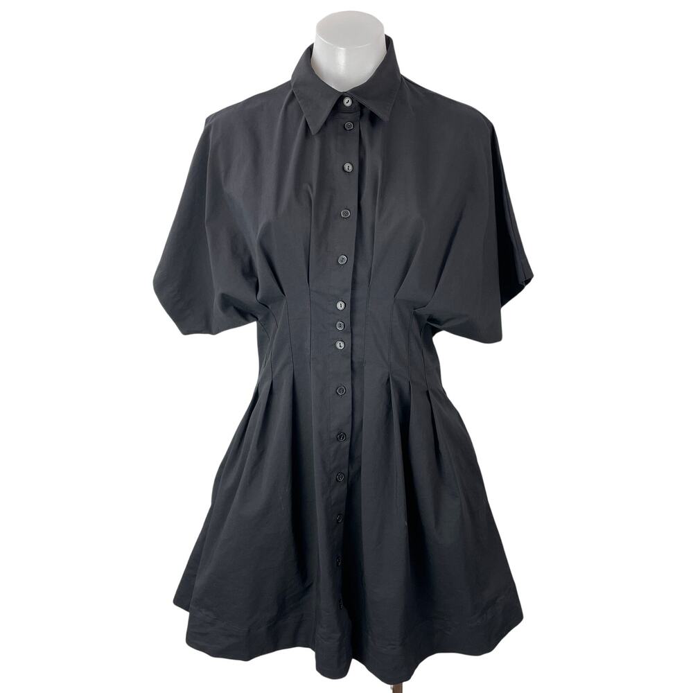 EXQUISE Womens Black Short Sleeves Button Down Pleated Flared Mini Shirt Dress M